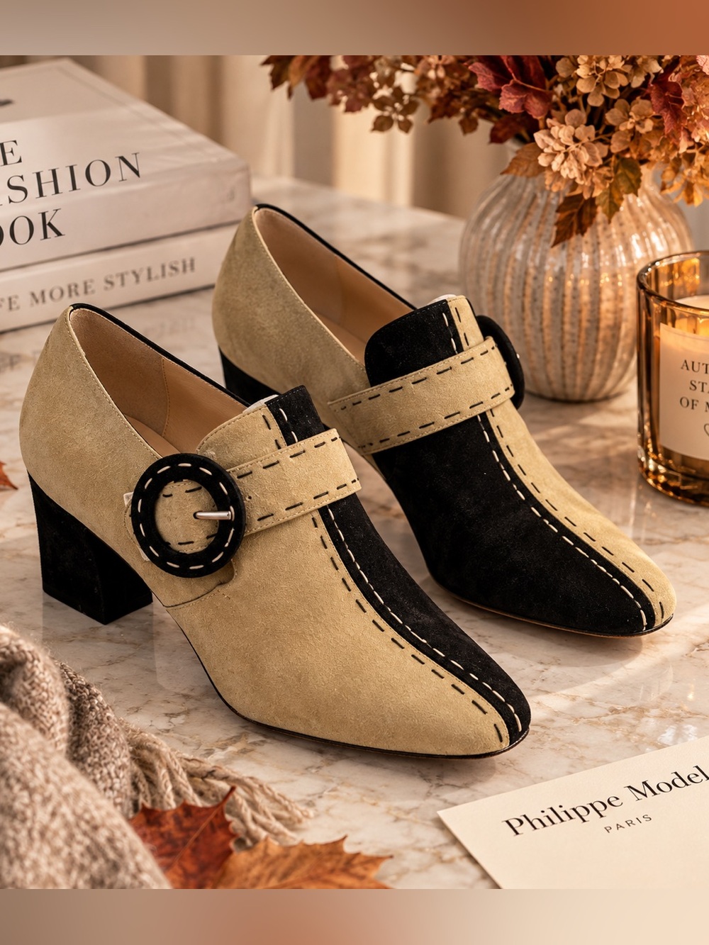 Philippe Model Black and Tan Suede Strap Heels